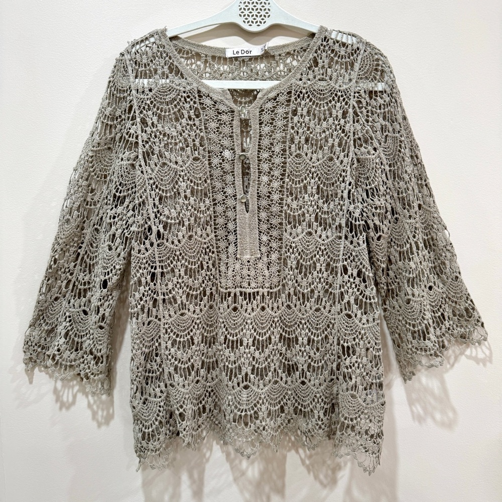 Crochet Coastal Cotton Boho Top Size S\M Scalloped Knit Muted Grey Sage